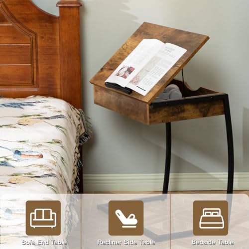Hadulcet C Shaped End Table with Charging Station, Tiltable 0-52° | TV Tray Table Couch Tables That Slide Under, C Table End Table with Storage, Small Table Couch Desk for Small Spaces, Brown - size: 25.6"