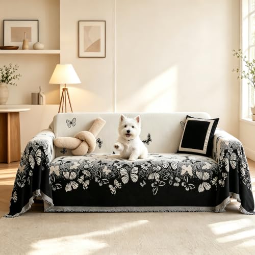 Chenille Couch Cover Reversible Butterfly Pattern Sofa Throw Blanket | 71x91 Inch Medium Protector with Tassels for Dogs, Woven Slipcover Blanket for Loveseat Futon - color: Black Butterfly, size: 71"x 91"