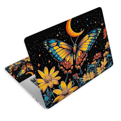 Universal Laptop Skin Decal, 3-Piece Vinyl Protector for 12 13 14 15.6" Notebook, Waterproof Anti-Scratch, Easy Trim & Bubble-Free Finish, Moonlit Butterfly Amongst Flowers - color: Moonlit Butterfly Amongst Flowers
