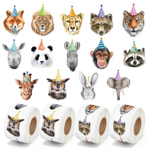 CNhoqc Realistic Style Birthday Animal Sticker Rolls, 2000Pcs, 14 Designs | Self Adhesive, Waterproof Vinyl, Page Activity Pad, Scrapbooking Supplies, Goodie Bag, Birthday Party, Greeting Card Making - style: 4 Rolls Realistic Style Birthday Animal