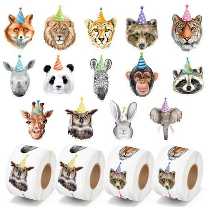CNhoqc Realistic Style Birthday Animal Sticker Rolls, 2000Pcs, 14 Designs | Self Adhesive, Waterproof Vinyl, Page Activity Pad, Scrapbooking Supplies, Goodie Bag, Birthday Party, Greeting Card Making - style: 4 Rolls Realistic Style Birthday Animal