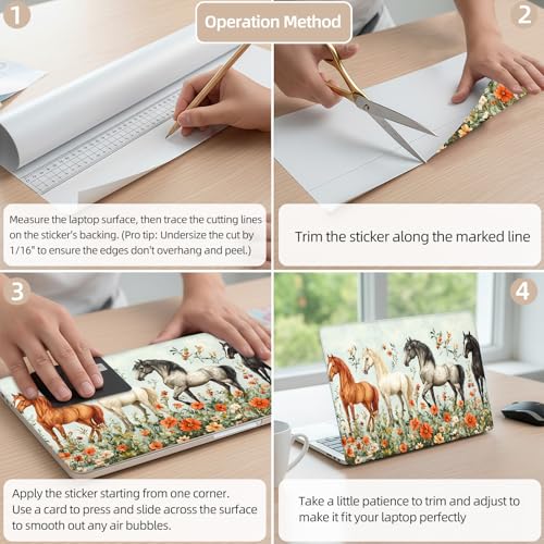 Aesthetic Laptop Skin Cover,12-15.6 Inch Universal Vinyl Sticker Decal,Waterproof Scratch-Resistant Notebook Wrap,Removable Residue-Free Protector,Horses Flowers Field - color: Horses Flowers Field