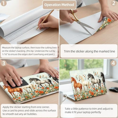 Aesthetic Laptop Skin Cover,12-15.6 Inch Universal Vinyl Sticker Decal,Waterproof Scratch-Resistant Notebook Wrap,Removable Residue-Free Protector,Horses Flowers Field - color: Horses Flowers Field