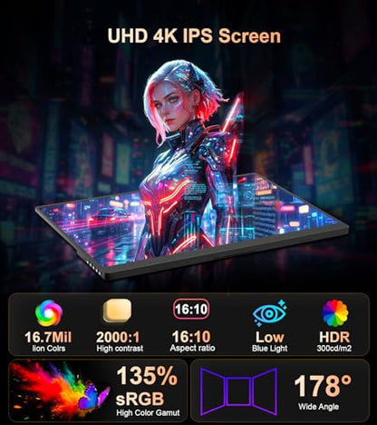 4K Portable Monitor - 15.6" UHD 3840 * 2400 16:10 450 Nits 135% sRGB IPS Screen with 2 USB-C & HDMI Ports for Laptop/Mac/PC/PS5/Xbox with Speakers Stand,VESA Compatible(Metallic Black)