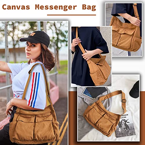 Canvas Messenger Bag Large Hobo Crossbody Bag with Multiple Pockets Casual Shoulder Tote Bag for Women and Men - color: Brown