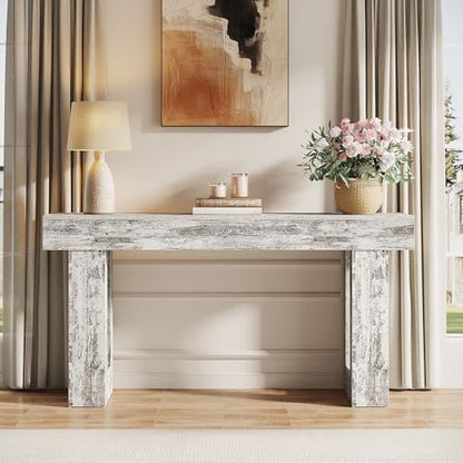Tribesigns 63-Inch Long Console Table, Wooden Rectangular Sofa Table Behind The Couch, Farmhouse Entryway Table for Entrance, Hallway, Living Room (Distressed White) - color: Distressed White (63")