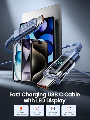 toocki USB C to USB C Cable with LED Display 100W 6.6ft, 2Pack | Fast Charging, Nylon Braided, Blue, Compatible with iPhone 17/16, MacBook Pro, Galaxy S25 - color: Blue, size: 6.6+6.6ft