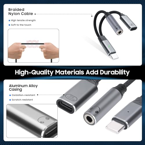 1-to-2 USB-C to 3.5mm headphone/USB-C PD100W charger adapter. (Gray) - color: Grey
