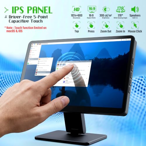 KOGODA 10.1-inch Small Monitor with Touchscreen for Raspberry Pi, Portable Mini Computer Monitor, 5-Points Capacitive Touch 1024 x 600 IPS LCD HDMI Display for Mac mini PC Gaming Console - size: 10.1-inch