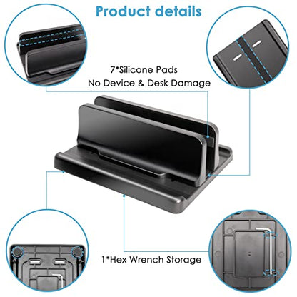 Vertical Laptop Stand [New Version: Two More Rubber Pads & Hex Key Storable Design] ABS Plastic Adjustable Dock up to 15 inch PC Desk Space Saver for MacBook/Surface/iPad/Mini PC (Black) - color: Black