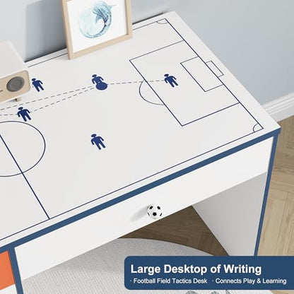 Modern Small Desk with 4 Drawers, 47 Inch Computer Desk with Storage & Soccer Shaped Handle, Wooden Student Study Writing Table for Bedroom, Small Space, White/Blue