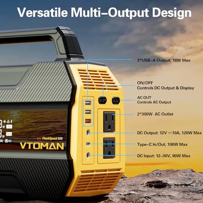 VTOMAN FlashSpeed 300 Portable Power Station, 300W 230Wh LiFePO4 Battery | 3000 Life Cycles, 600W peak, 100W PD USB-C, Fast Charge, 6 Outputs, Outdoor Camping, Home Backup, RV, Off-Grid
