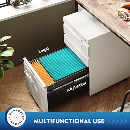 DEVAISE 3 Drawer Mobile File Cabinet with Lock, Under Desk Metal Filing Cabinet for Home Office/Legal/Letter/A4 File, Fully Assembled Except Wheels, White - color: White, size: 17"D x 15"W x 24"H