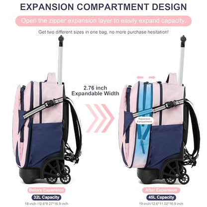NEW TILAMI 18 Inch Expandable Rolling Backpack Stair-Climbing for School | 6-Wheel Stair-Climbing Girls Boys Carry-on Suitcase 15.6 Laptop Sleeve Water-Resistant Adjustable Handle Wheel Travel Camping - color: Pink