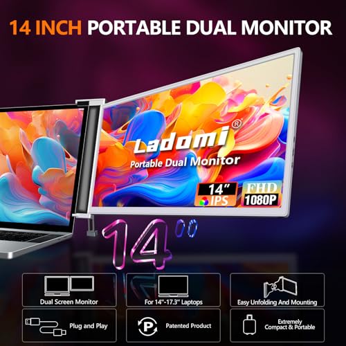 Ladomi Laptop Screen Extender, 14" Laptop Monitor Extender | IPS FHD 1080P, Dual Portable Monitor for 13.5" -16.5" Laptops, No Driver Needed, Plug & Play for Wins, Mac, Android - size: 14-inch