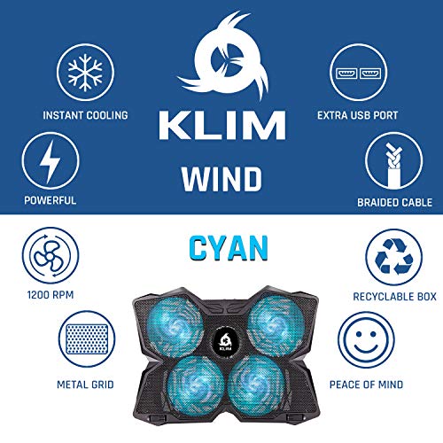 KLIM Wind Laptop Cooling Pad - More Than 500 000 Units Sold - New Version - The Most Powerful Rapid Action Cooling Fan - Laptop Stand with 4 Cooling Fans at 1200 RPM - USB Fan - PS5 PS4 - Cyan - color: Turquoise
