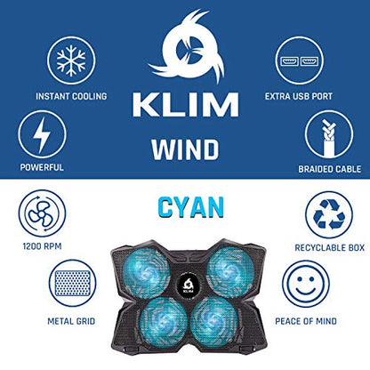 KLIM Wind Laptop Cooling Pad - More Than 500 000 Units Sold - New Version - The Most Powerful Rapid Action Cooling Fan - Laptop Stand with 4 Cooling Fans at 1200 RPM - USB Fan - PS5 PS4 - Cyan - color: Turquoise