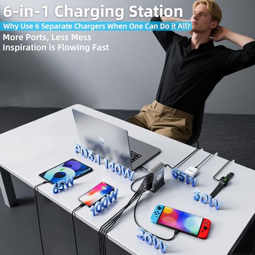 420W USB C Fast Charger Block, PD 3.1 140W USB C Charging Station, GaN Ⅲ Multi-Port PD PPS Fast Charging Station for Multiple Devices,Laptop Wall Charger Compatible with MacBook iPad iPhone 17/16 etc - size: 420W+A 240W Braided Nylon Fast Charging Cable