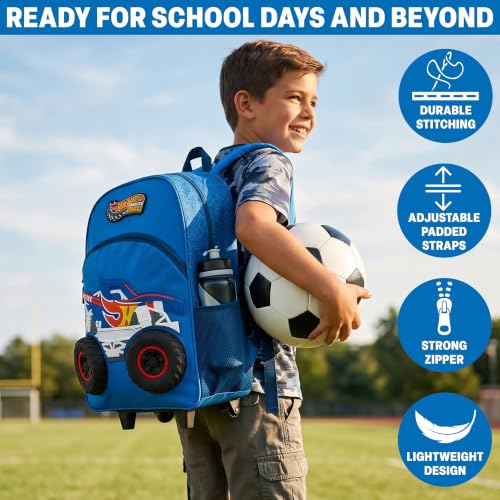 Get Trend Hot Wheels Monster Trucks 3D Rolling Luggage, 18” Travel Bag | 23L Cabin Suitcase, Lightweight Kids Carry On Backpack with Telescopic Handle for Trips, Holidays & School - color: Multi/Blue Hot Wheels