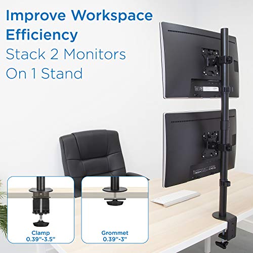 Mount-It! Vertical Dual Monitor Mount, Full Motion Dual Monitor Arm for 13–32" Screens, Heavy Duty Steel, VESA 75x75 100x100, C-Clamp or Grommet Base, Height Adjustable, Tilt Swivel Rotate, Black