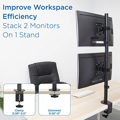 Mount-It! Vertical Dual Monitor Mount, Full Motion Dual Monitor Arm for 13–32" Screens, Heavy Duty Steel, VESA 75x75 100x100, C-Clamp or Grommet Base, Height Adjustable, Tilt Swivel Rotate, Black