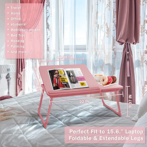 Laptop Bed Desk for Couch, 5-Angle Adjustable Laptop Bed Table for Adults | Foldable Lap Desk for Adults with Cup Holder, Bed Desk for Laptop and Writing,Working,Eating,Bed Tray Table for Laptop, Pink