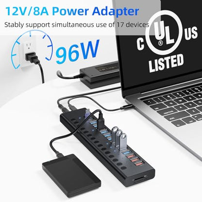 Powered USB Hub 10Gbps, 17 Ports USB 3.2 Hub, 96W Power Adapter | 10 USB-A 3.2, 3 QC 24W Fast Charging, 2 USB-C 3.2, SD/TF, 12V/8A Power Adapter for Laptop, PC, Computer, HDD, Flash Drive - color: Black