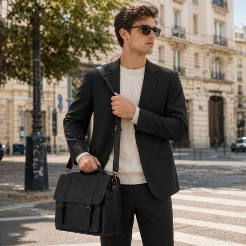 RAINSMORE Messenger Bag for Men 17” PU Laptop Flap Retro Briefcase Waterproof Satchel Bag for Office Business Travel College - color: Black