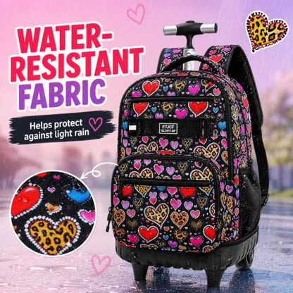 3Pcs Rolling Backpack for Girls, 19 Inche Women Roller Bag with Wheels for Adults, Wheeled Bookbag with Lunch Box(Brown) - color: Leopard Heart