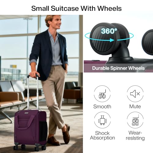 MILADA Underseat Carry On Luggage with Wheels, Airline Approved 16-inch Spinner Small Suitcase, Softside Travel Luggage, Personal Item Overnight Bag, Business Mini Suitcase for Women and Men, Purple - color: Purple