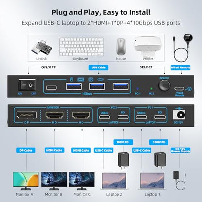 2 Laptops 3 Monitors KVM Switch 2 Port MST Dual USB-C Docking KVM Switches Triple Monitor Support Max 10Gbps USB Transfer Dual 4K@60Hz & One 1080P@60Hz Video Output, 100W PD Charging