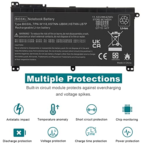 BI03XL Battery Compatible with HP Pavilion X360 M3-U 13-U M3-U001DX M3-U103DX 13-U100TU 13-U118TU Stream 14-AX 14-ax010nr 14-ax020wm 14-ax030wm TPN-W118 Laptop ON03XL HSTNN-LB7P HSTNN-UB6W 843537-541 - size: BI03XL 8.94 × 4.96 × 0.71 in