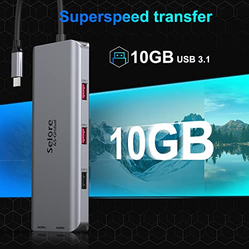 USB C Adapter HDMI Hub for MacBook Pro, Laptop Docking Station, 7 in 1 USB C Docking Station to Dual HDMI Displayport with 3 * 10Gbps USB Port, 100W PD Charging - color: Silver Grey