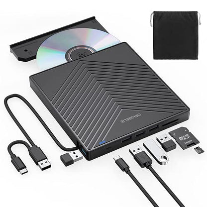 ORIGBELIE External CD DVD Drive, Ultra Slim CD Burner USB 3.0 with 4 USB Ports and 2 TF/SD Card Slots, Optical Disk Drive for Laptop Mac, PC Windows 11/10/8/7 Linux OS - size: 5.6" x 6" x 0.7"
