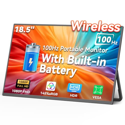 HotYeah 18.5" 100Hz Wireless Portable Monitor w/Rechargeable 10000 mAh Battery, Support AirPlay Miracast, 1080P IPS Monitor USB-C HDMI External Display, 2nd Screen for Laptop MacBook PC Phone Tablet - size: 18.5-inch