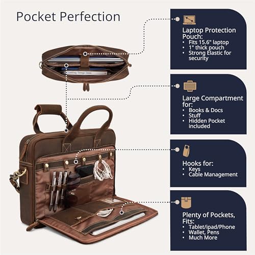 Full-Grain Leather Briefcase for Men - Laptop Bag with Leather Computer Compartment - color: Dark Brown, size: 15.6-inch