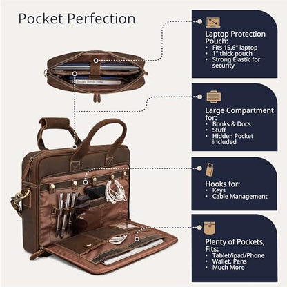 Full-Grain Leather Briefcase for Men - Laptop Bag with Leather Computer Compartment - color: Dark Brown, size: 17-inch
