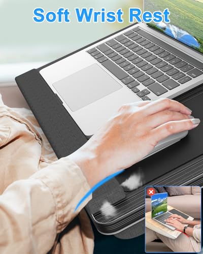Laptop Lap Desk, Portable Large Laptop Desk for Bed, Up to 17 in Laptop Table with Wrist Rest, Mouse Pad, Tablet Phone Slot, Portable Handle, Laptop Lap Table with Cushion (Black and Light Brown)