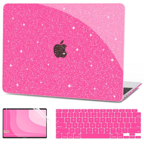 G JGOO for MacBook Air 13 inch Case 2021 2020-2018 M1 A2337 A2179 A1932 | Glitter Protective Plastic Hard Shell for MacBook Air 13.3 inch Case + Keyboard Cover + Screen Protector, Sparkly Hot Pink - color: Hot Pink