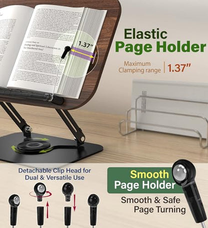 Adjustable Book Stand for Reading – Durable Build Quality, 360° Rotating Base, Stable Book Holder for Study, Kitchen, or Office, Relieves Neck Strain, (Dark Wood) - color: Dark Wood