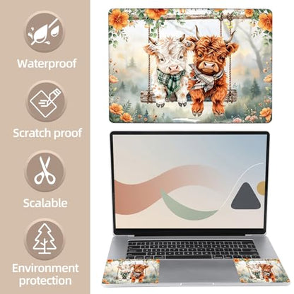 Universal Laptop Skin Sticker for 12/13/14/15.6 Inch Laptops, Reusable Vinyl Laptop Decal Cover, Waterproof Scratch Resistant Notebook Skin with 2 Wrist Pads,Cute Highland Cows - color: Cute Highland Cows