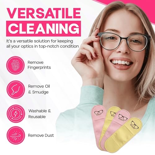 Finger Grip Eyeglass Cleaner (4 Pack) – Premium Microfiber Glasses Cleaning Cloth for Eyeglasses, Sunglasses, Phone Screens & Camera Lens (Pink/Yellow) - color: Pink/Yellow