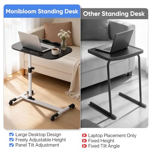 MoNiBloom Mobile Laptop Desk 360° Rotatable Panel Adjustable Height Desk Rolling Cart Ergonomic Table with Wheels for Home Office School, Black - color: Black/White