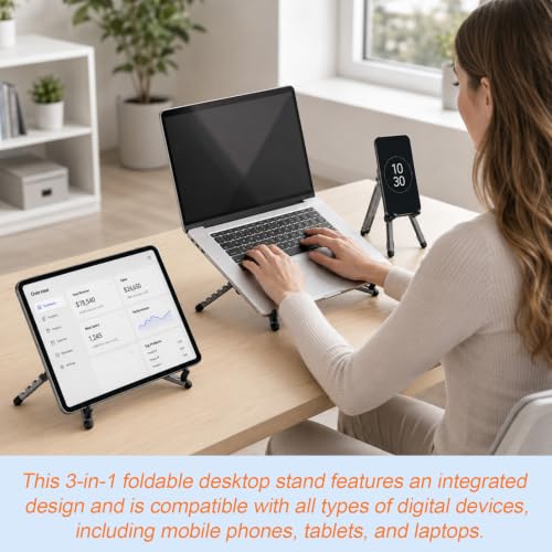 3-in-1 Portable Laptop Stand, Aluminum Alloy Foldable & Adjustable Travel Laptop Desktop Riser Stand Holder with Magnetic Metal Ring & Storage Bag Suitable for Mobile Phones Tablets Computer