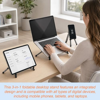 3-in-1 Portable Laptop Stand, Aluminum Alloy Foldable & Adjustable Travel Laptop Desktop Riser Stand Holder with Magnetic Metal Ring & Storage Bag Suitable for Mobile Phones Tablets Computer