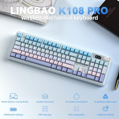 LINGBAO K108 Pro Wireless Mechanical Creamy Keyboard with Number Pad & Knob | Full Size Mechanical Keyboard with 10000mAh Battery, PBT Keycaps, Gasket Mount, RGB Backlit Hot-swap Custom Keyboard for PC - color: Blue & Pink & Purple(side print)
