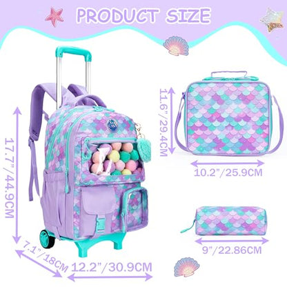 Meetbelify Mermaid Rolling Backpack for Kids - Cute Carry On with Wheels, Lunch Box & Pencil Case - Elementary Student to Teen Girls Luggage - Travel Suitcase - color: A Mermaid