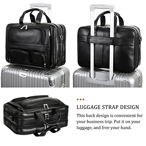 Polare Full Grain Cowhide Leather 17'' Laptop Large Briefcase for Men Business Messenger Bag Work Bag - color: Black