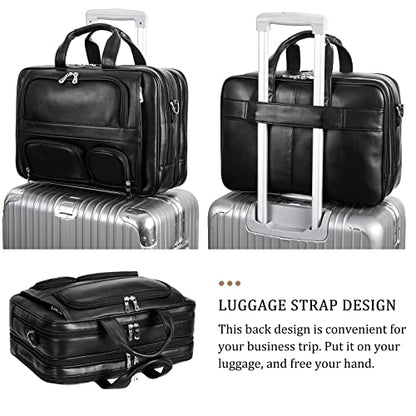 Polare Full Grain Cowhide Leather 17'' Laptop Large Briefcase for Men Business Messenger Bag Work Bag - color: Black