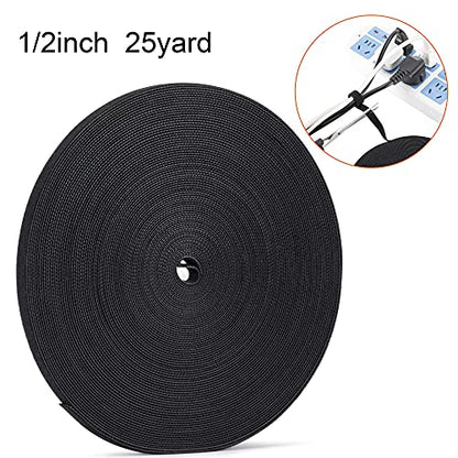 1/2 inch Reusable Fastening Tape Cable Ties Double-Sided Hook-and-Loop Cable Management Tape (Black 25 Yards) - size: 1/2 in X 25 yd